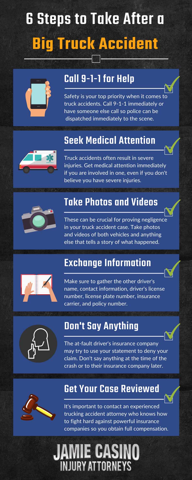 infographic delineating the 6 steps to take after a truck accident
